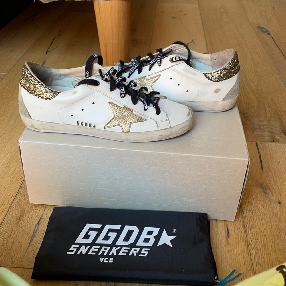 Golden Goose White Sneakers with Gold Star and Gold Heel